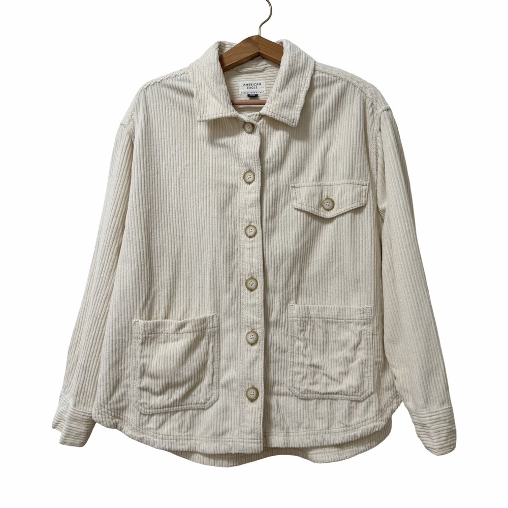 American Eagle Womens Corduroy Button Down Shirt Size XL Cream Western Shacket